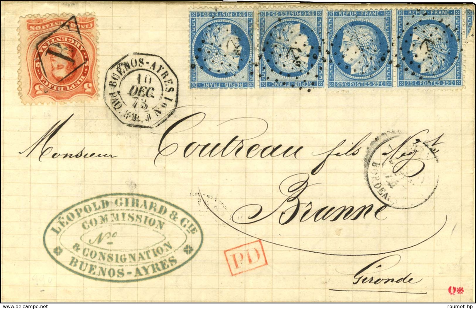 ' B ' / TP Arg. 5 Centavos + N° 60 (2 Paires) Oblitérées Ancre Càd Octo BUENOS-AYRES / PAQ.FR.J N° 1. 1873. - SUP. - R. - Poste Maritime