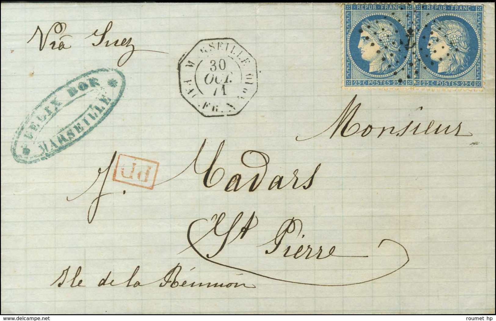 Ancre / N° 60 (2) Càd Octo MARSEILLE / PAQ. FR. N N° 10 Sur Lettre Pour St Pierre, Ile De La Réunion. 1871. - SUP. - RR. - Poste Maritime