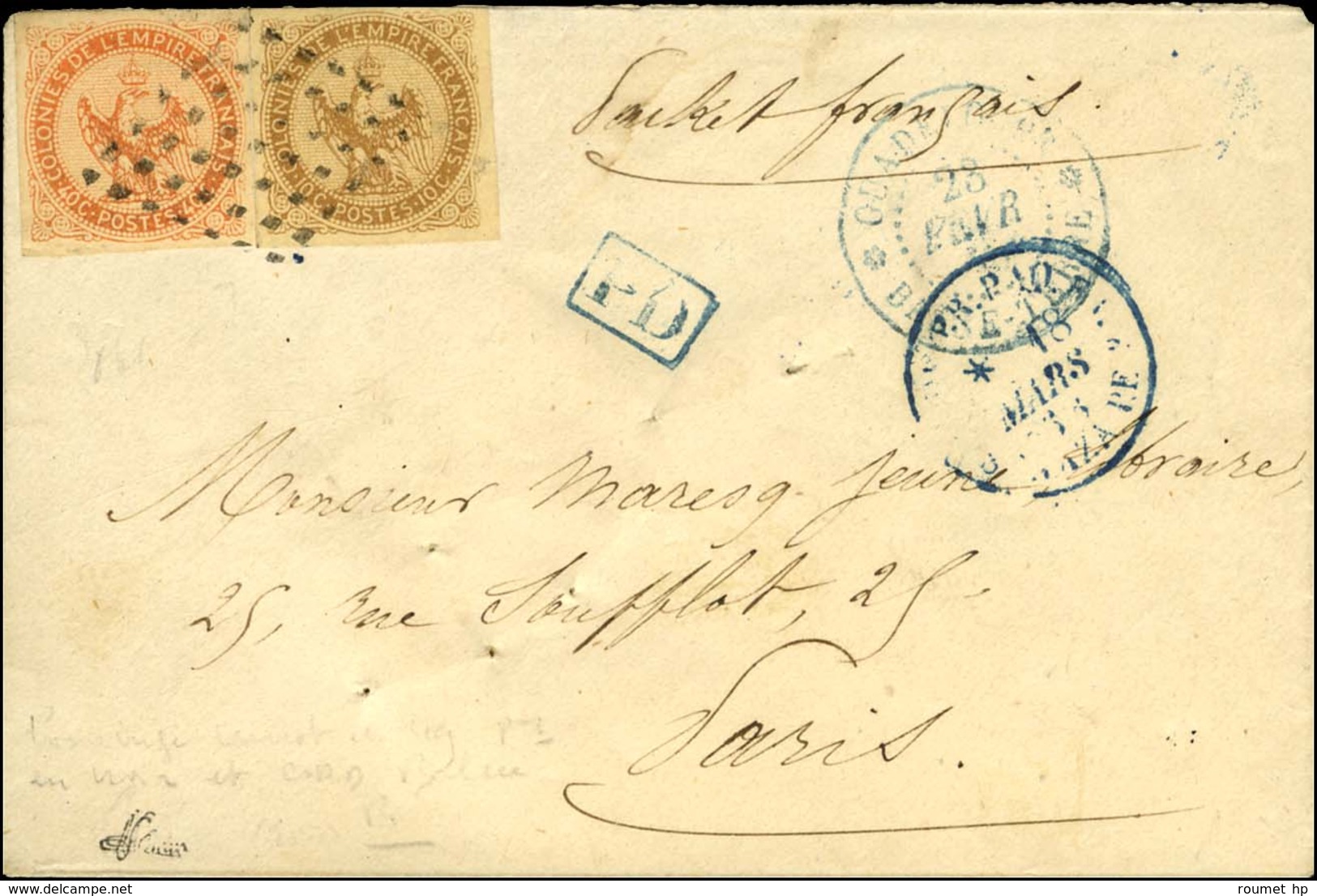 Losange / Col. Gen. N° 3 + 5 Càd Bleu GUADELOUPE / BASSE TERRE Sur Lettre Pour Paris. 1866. - TB. - Posta Marittima