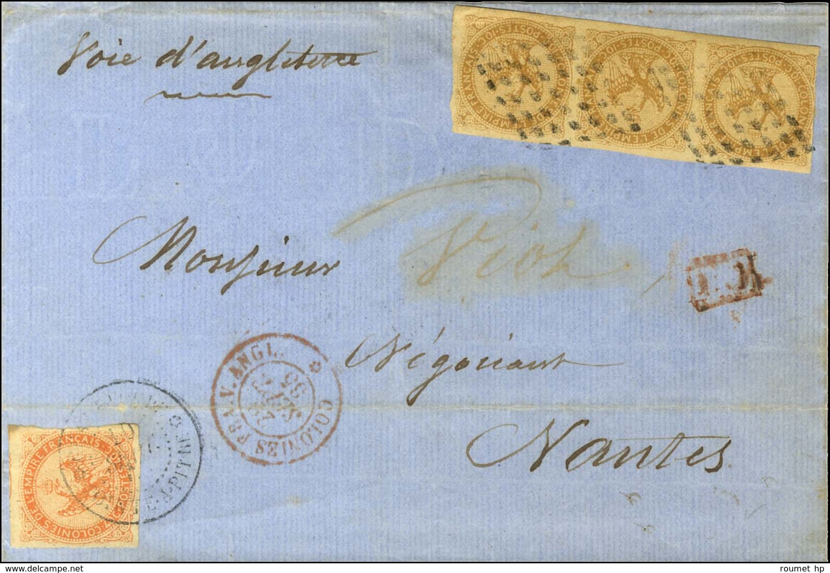 Losange / Col. Gen. N° 3 Bande De 3 + Col. Gen. N° 5 Obl GUADELOUPE / POINTE A PITRE Sur Lettre Pour Nantes. 1865. - TB. - Poste Maritime