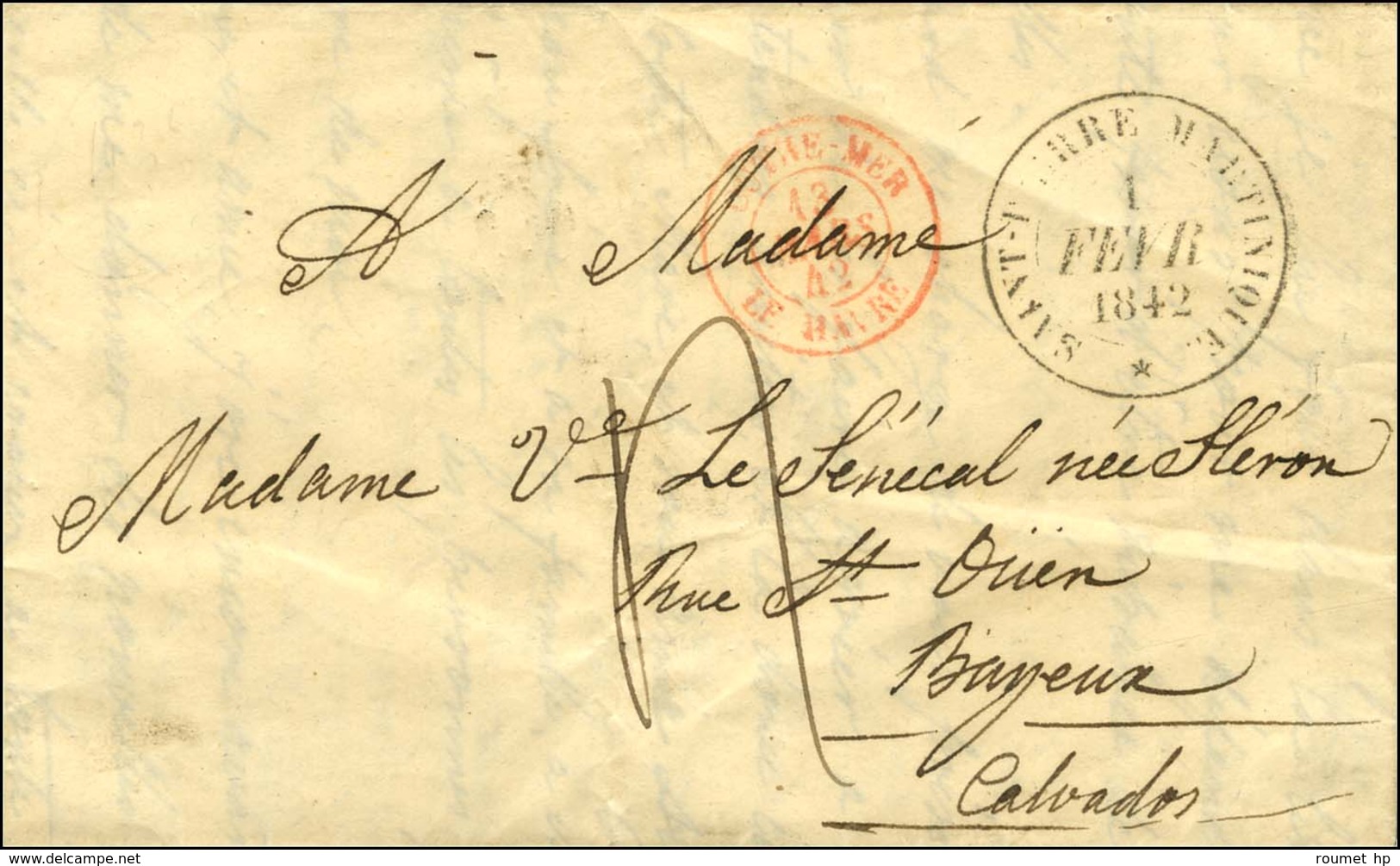 Lettre Avec Texte Daté De Trinité Le 22 Janvie 1842 Pour Bayeux. Au Recto, Càd SAINT PIERRE MARTINIQUE / * Et Càd D'entr - Poste Maritime