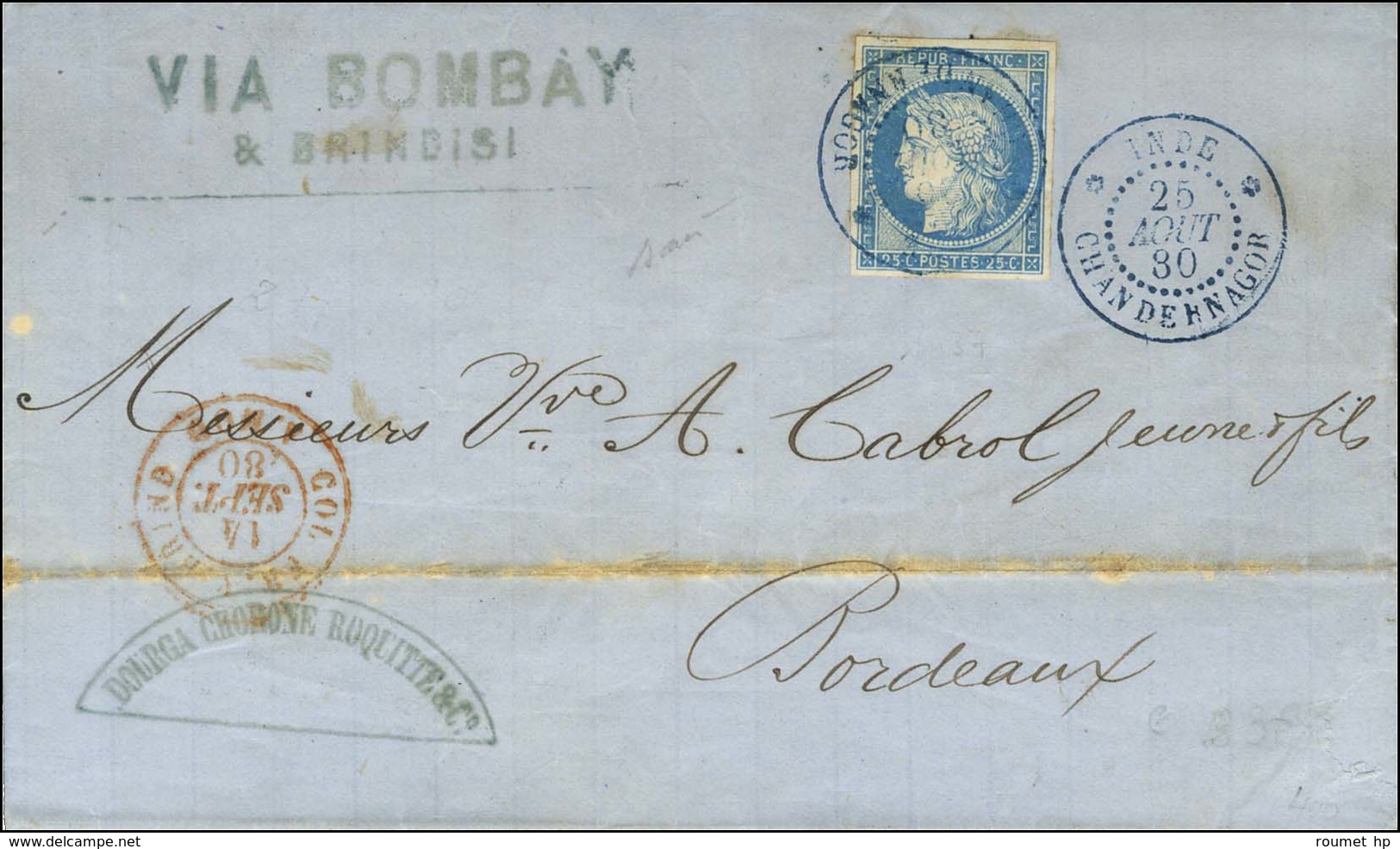 Càd Bleu INDE / CHANDERNAGOR / CG N° 23. 1880. - TB / SUP. - R. - Poste Maritime