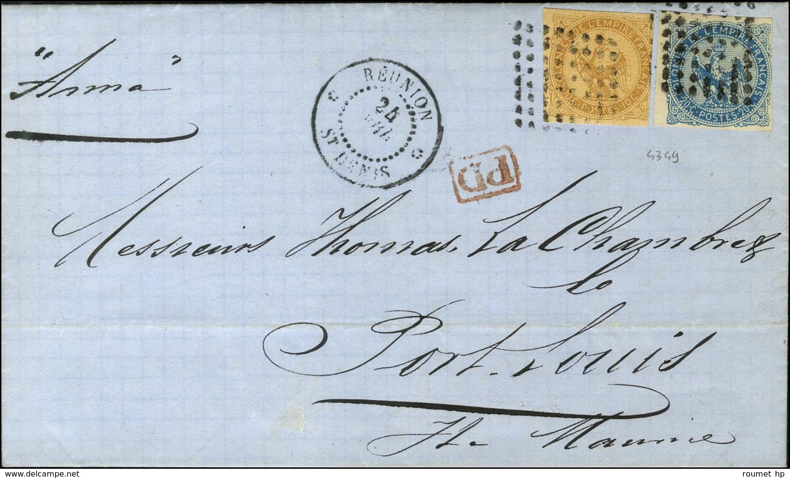 Losange / CG N° 3 + 4 Càd REUNION / St DENIS Sur Lettre Pour Port-Louis (Île Maurice). 1870. - TB / SUP. - R. - Poste Maritime