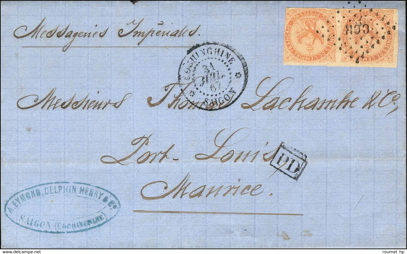 Losange CCH / Col. Gen. N° 5 Paire (1 Ex Léger Def) Càd COCHINCHINE / SAIGON Pour Port-Louis (Ile Maurice). 1867. - TB / - Posta Marittima