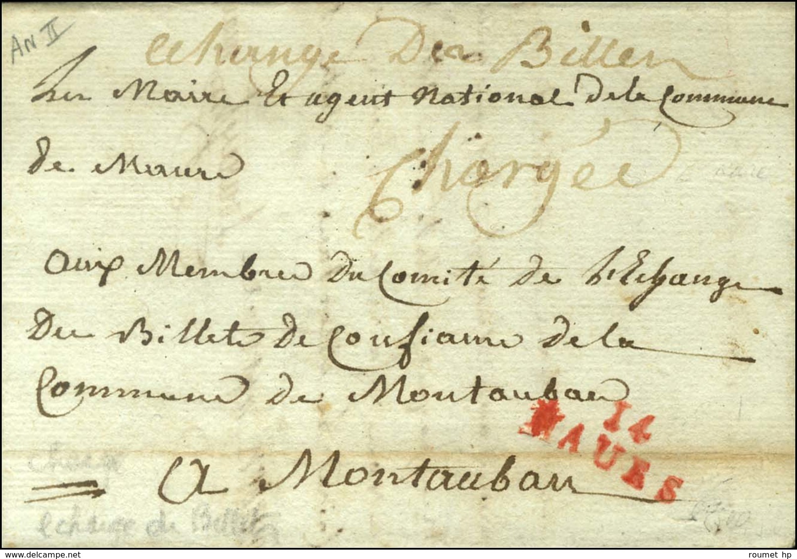 14 / MAURS Rouge. Au Recto, Mention Manuscrite '' échange De Billets Chargée '' Sur Lettre Avec Texte Daté An 2. - SUP. - 1801-1848: Précurseurs XIX