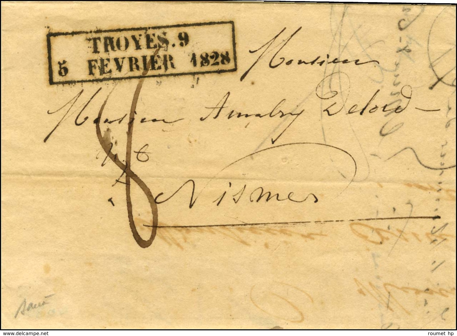 Cachet D'essai Encadré De Février 28 : TROYES 9 / 5 FEVRIER 1828 (cote : 1400). - SUP. - RR. - Autres & Non Classés