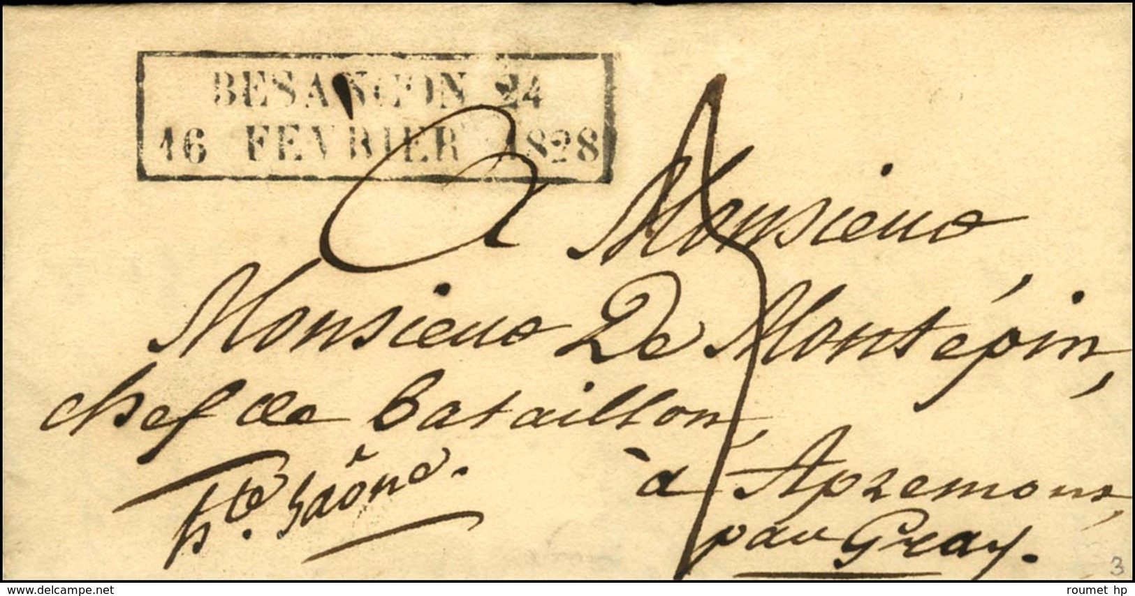 Cachet D'essai Encadré De Février 28 : BESANCON 24 / 16 FEVRIER 1828 (cote : 1200). - SUP. - R. - Autres & Non Classés