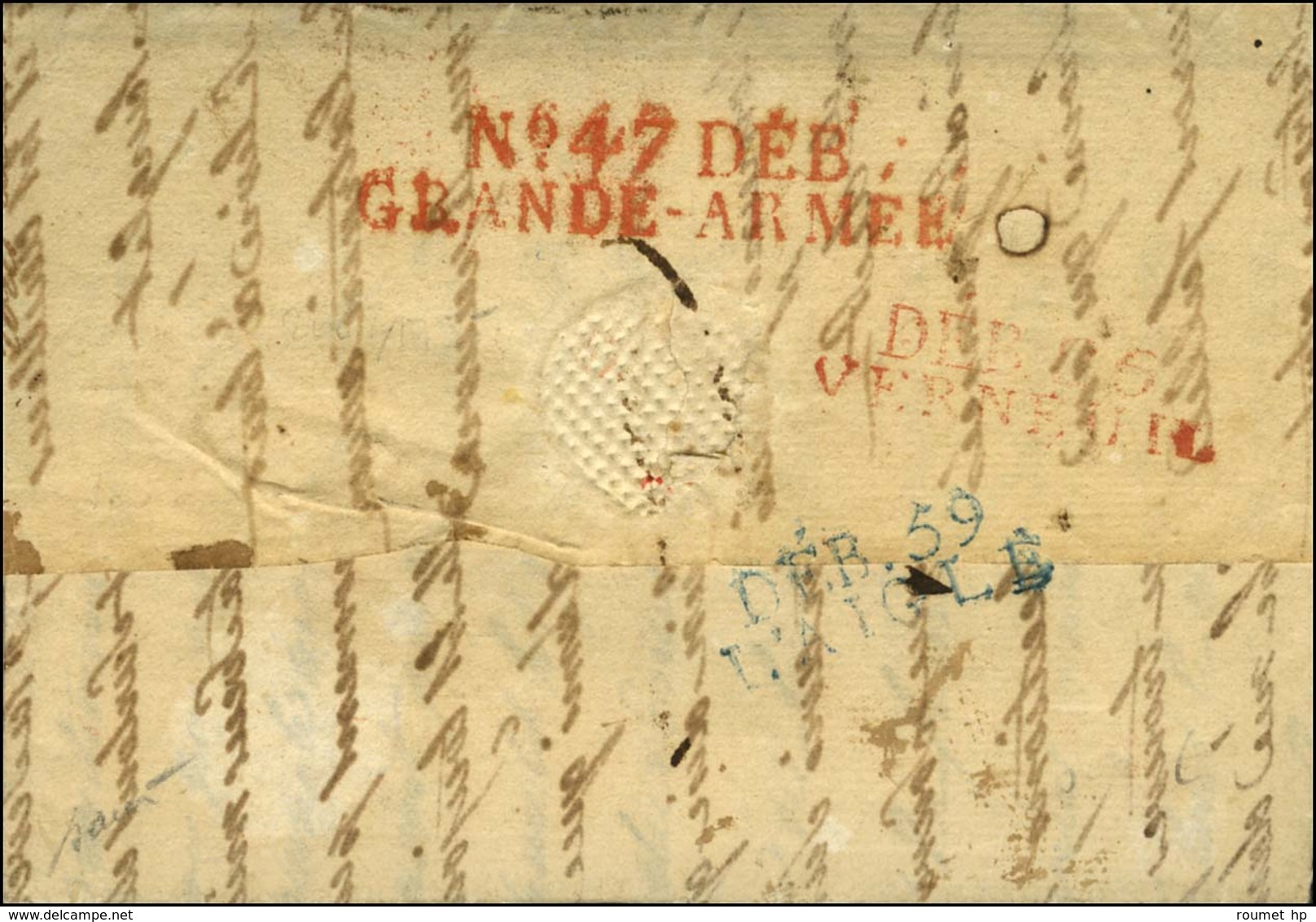 Lettre Avec Texte Daté 1814 Adressée à La Grande Armée Et Réexpédiée. Au Verso, N° 47 DEB. / GRANDE ARMEE Rouge + DEB. 2 - Marques D'armée (avant 1900)
