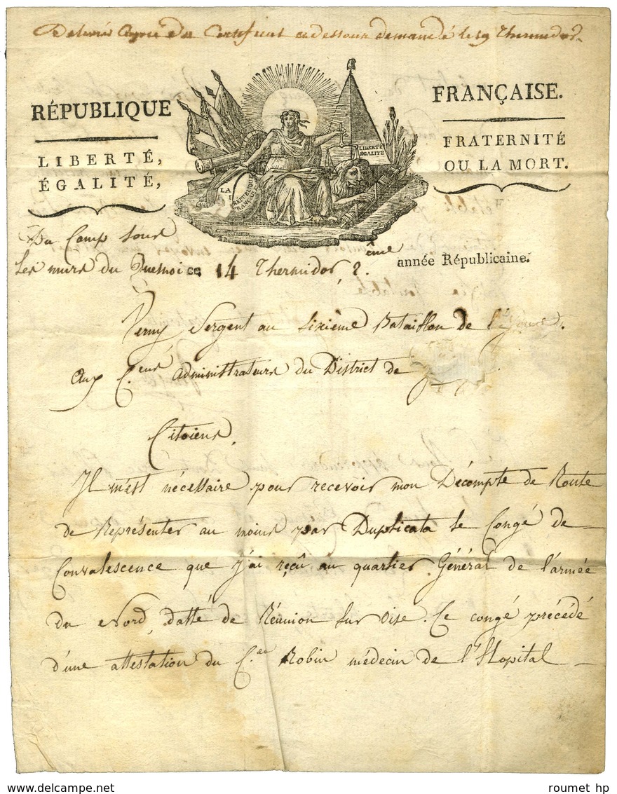 1re Div / ARMEE DU NORD Rouge Sur Lettre Avec Texte Daté '' Au Camp Sous Les Murs Du Quesnoy Le 14 Thermidor An 2 ''. -  - Marques D'armée (avant 1900)