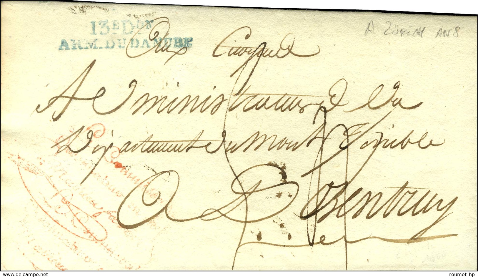 13e Don / ARM. DU DANUBE Bleu Sur Lettre Avec Texte Daté '' Au Quartier Général à Zurich An 8 '' Adressée à Porrentruy,  - Marques D'armée (avant 1900)