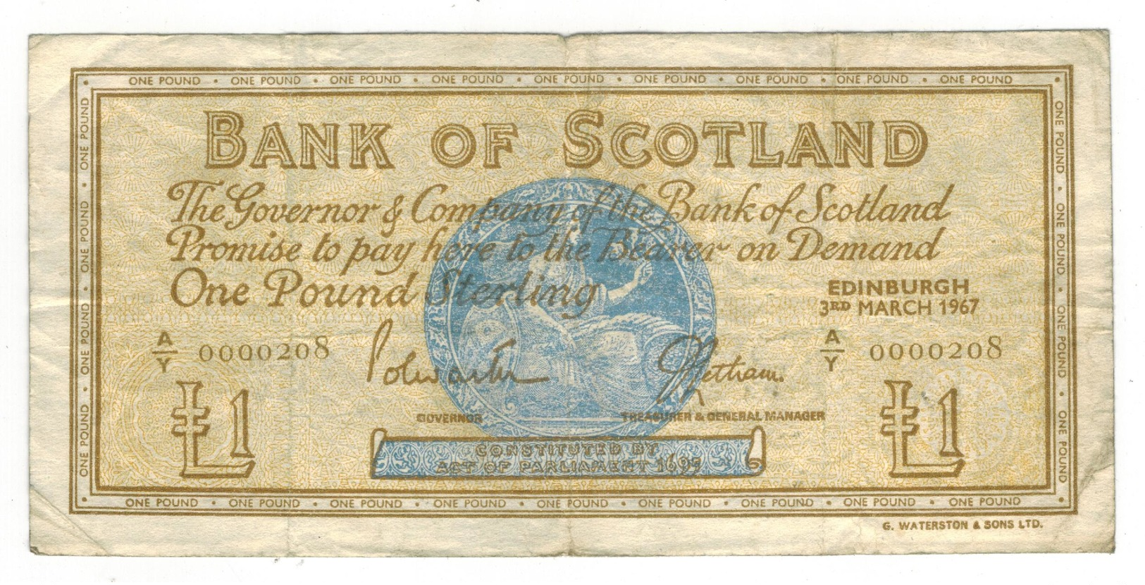 1967 Issue Bank Of Scotland 1 Pound Note - F - KM# 105b - Fine - 1 Pound