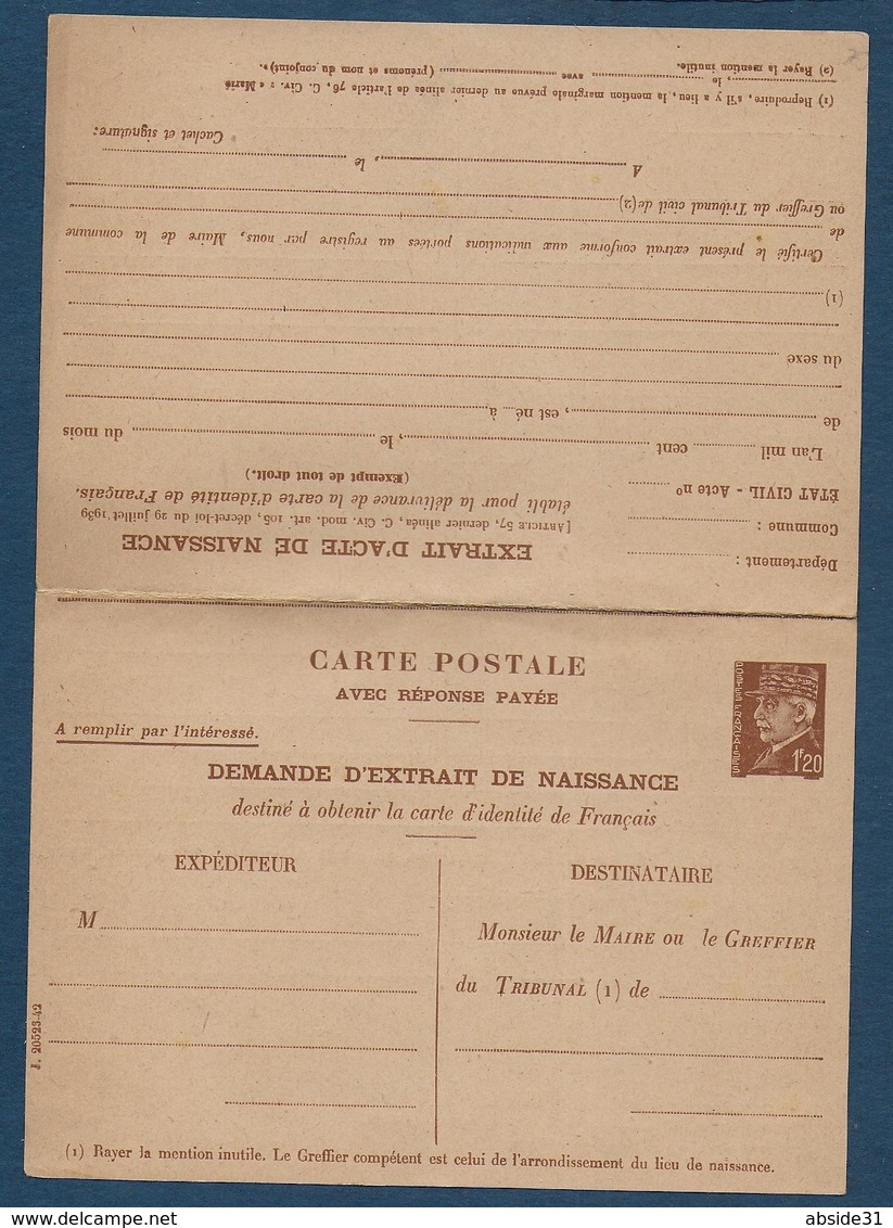 Entier 1,20 Fr  Pétain Demande Extrait De Naissance Complet Avec Réponse Payée - Cartes Postales Types Et TSC (avant 1995)