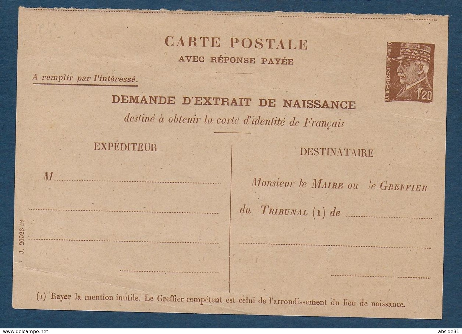 Entier 1,20 Fr  Pétain Demande Extrait De Naissance - Standard Postcards & Stamped On Demand (before 1995)