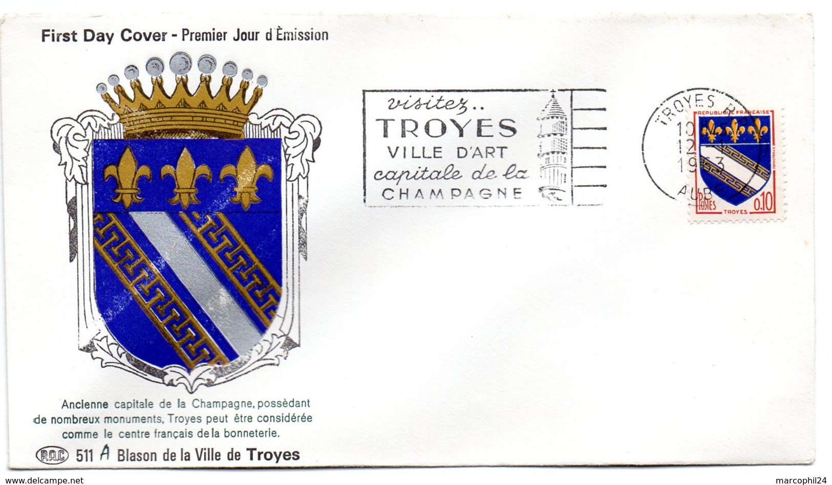 HERALDIQUE = 10 TROYES 1963 = FLAMME PREMIER JOUR SECAP N° 1353 ARMOIRIES  Sur ENVELOPPE ENTIERE Illustrée PAC N° 511A - 1960-1969