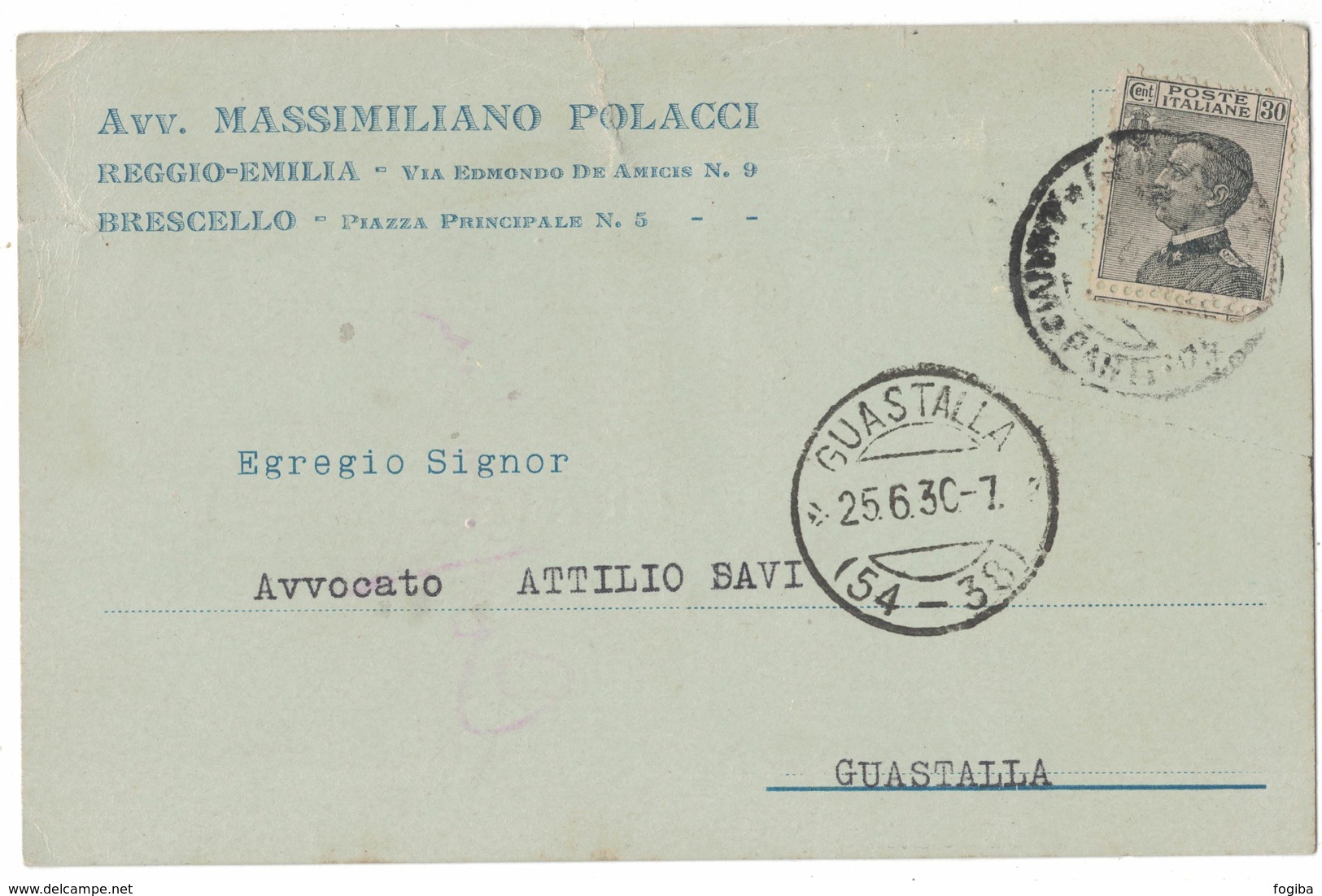 AN143   Regno 1930 Cartolina Avv.Massimiliano Polacci  Da Brescello Per Guastalla - Marcophilie