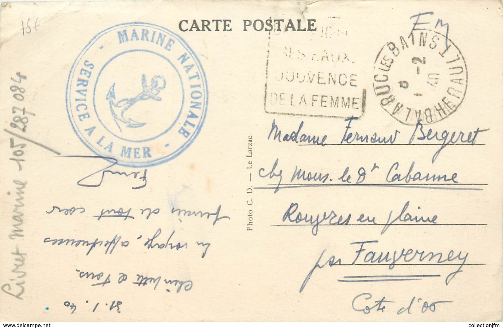 MARCOPHILIE 2 EME GUERRE Sur CPA FRANCE 34 "Balaruc" / Marine Nationale - Guerre (timbres De)