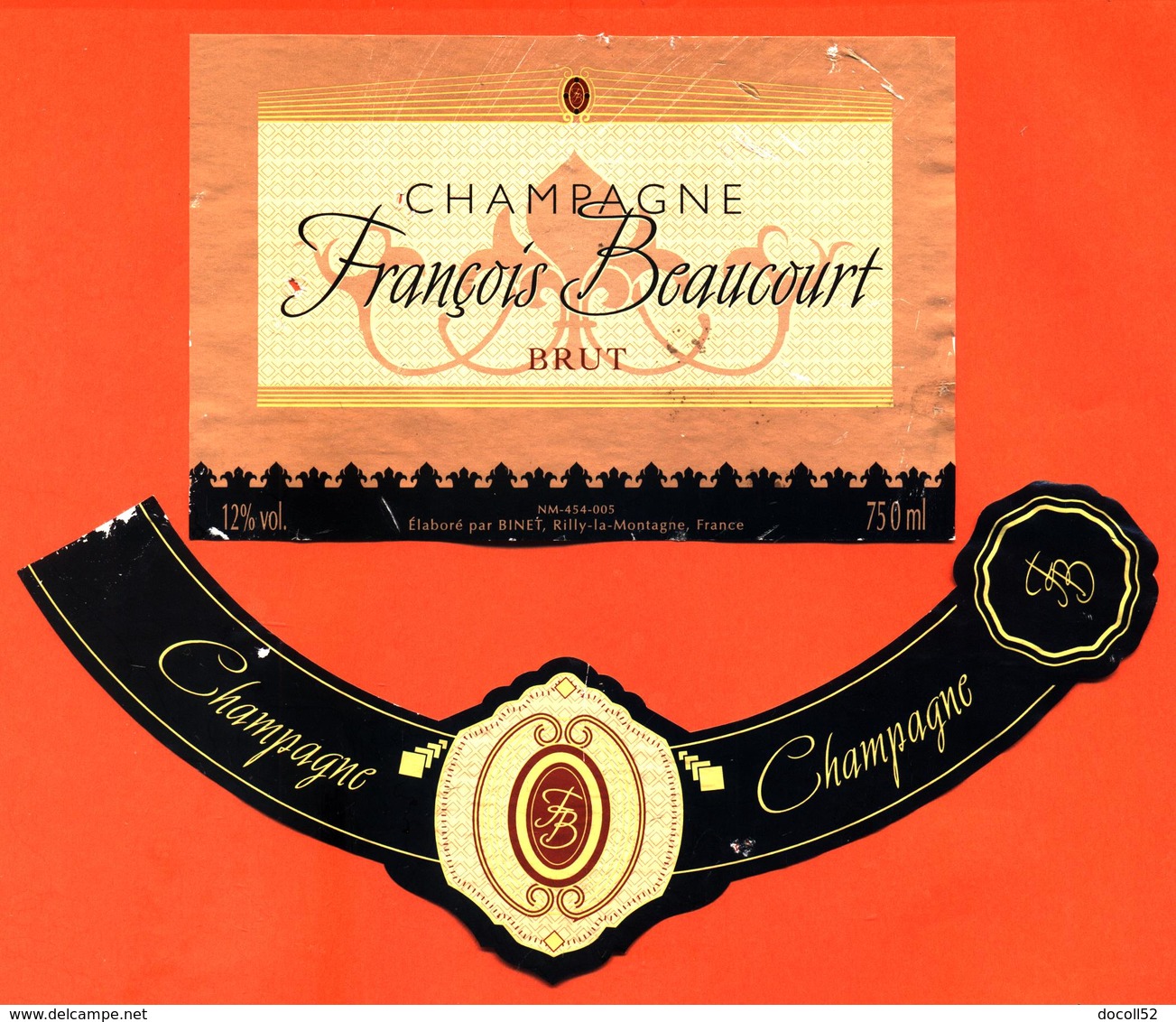 étiquette + Collerette De Champagne Brut François Beaucourt Binet à Rilly La Montagne - 75 Cl - Champagne
