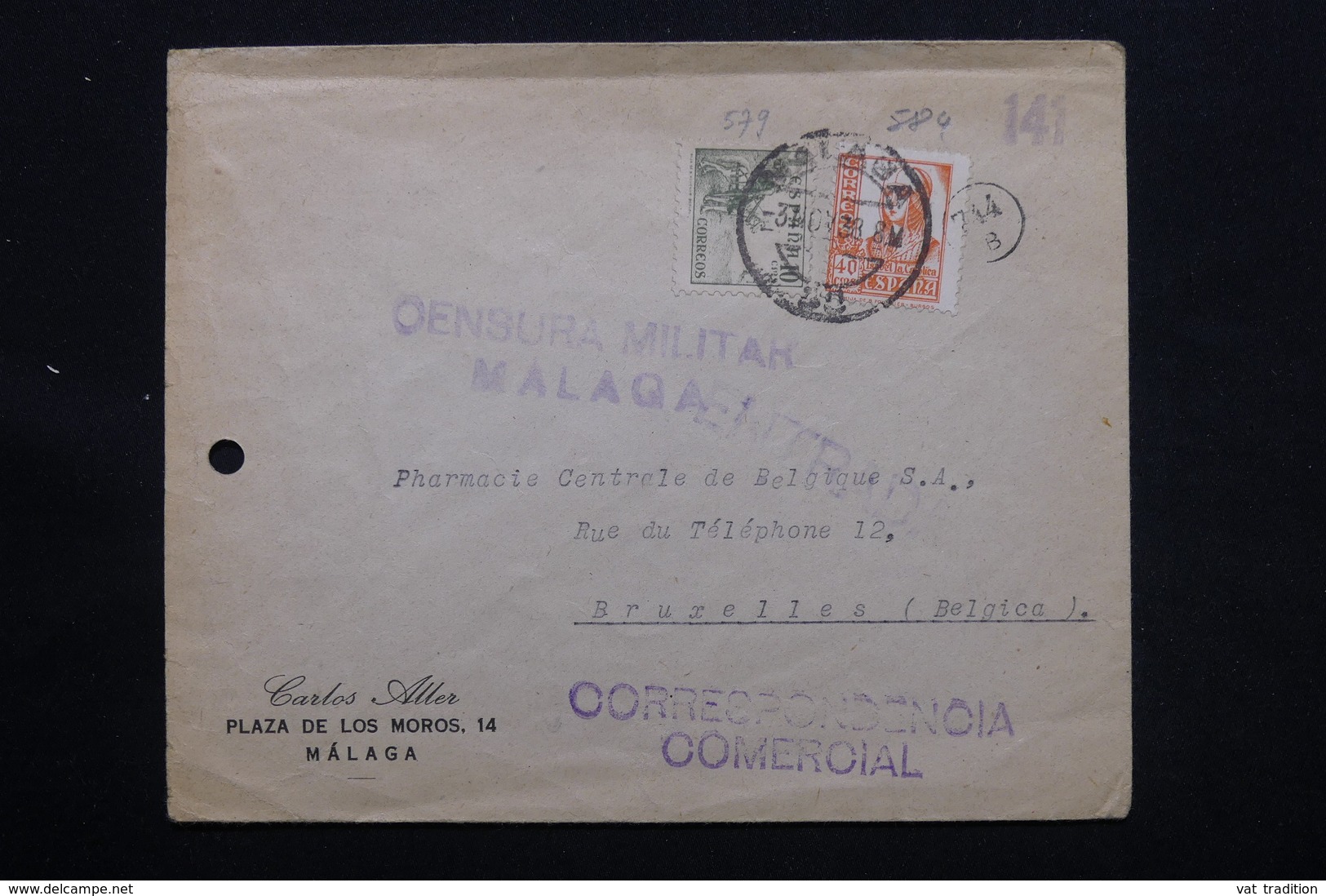 ESPAGNE - Censure De Malaga Sur Enveloppe Commerciale En 1938 Pour Bruxelles - L 28024 - Marques De Censures Républicaines