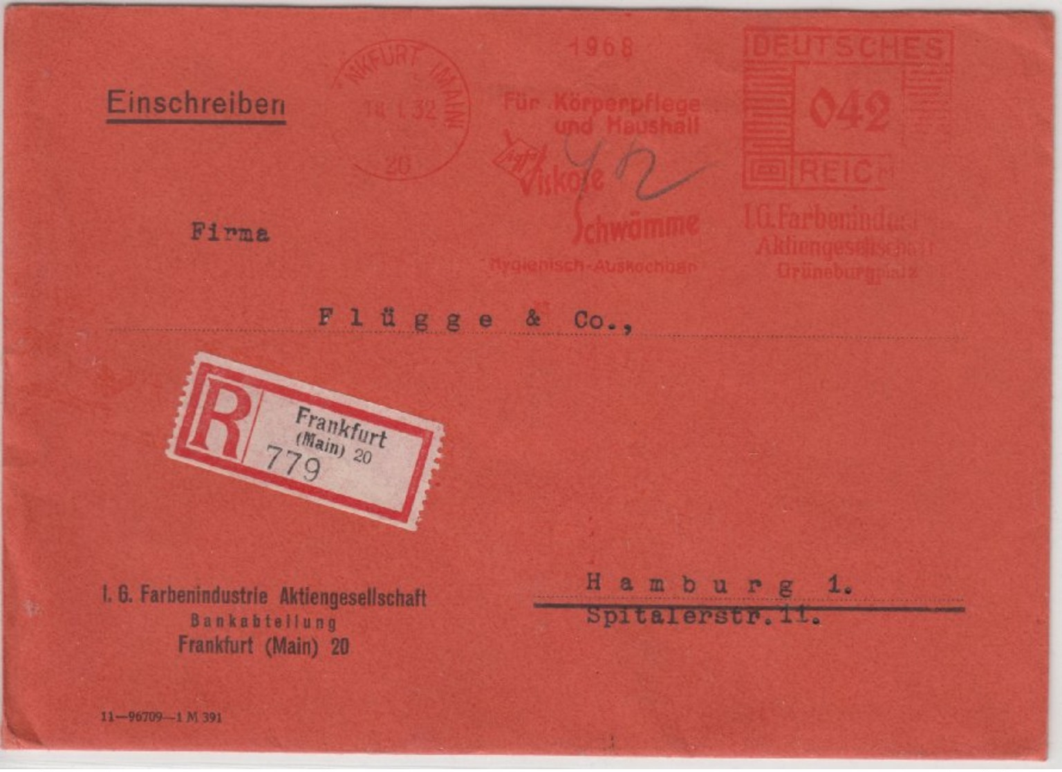 DR - 42 Pfg. AFS "Agfa Viskose Schwämme", Einschreibebrief Frankfurt A.M. 1932 - - Maschinenstempel (EMA)