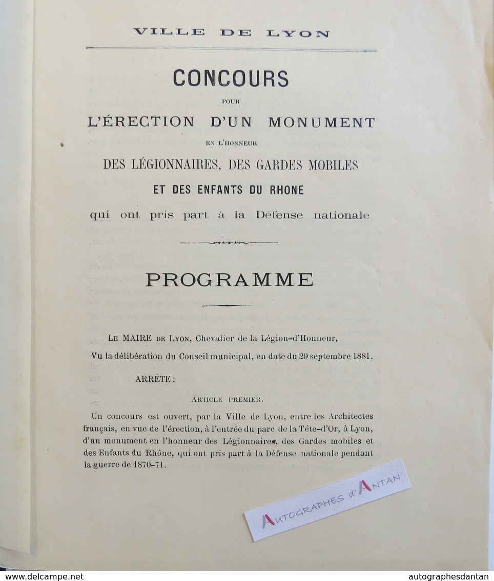 Ville De LYON 1882 Concours > érection D'un Monument En L'honneur Des Légionnaires & Gardes Mobiles Plan Parc Tête D'or - Architecture