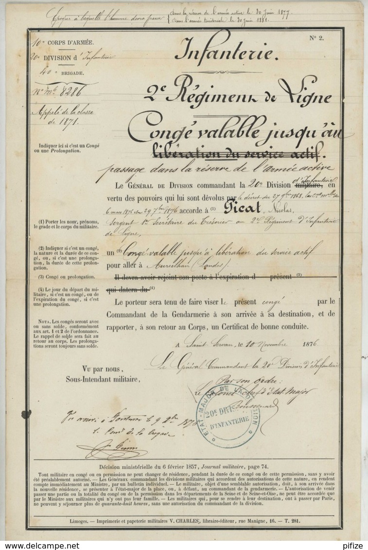 Petit Dossier De 5 Documents . Sergent Secrétaire Au 2e Régiment D'Infanterie De Ligne . 1876-78 . Granville . - Documents