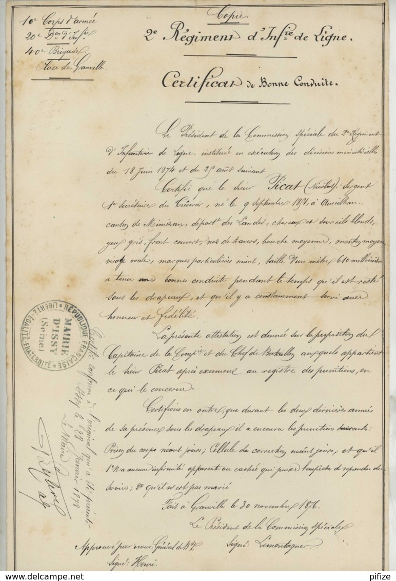 Petit Dossier De 5 Documents . Sergent Secrétaire Au 2e Régiment D'Infanterie De Ligne . 1876-78 . Granville . - Documents