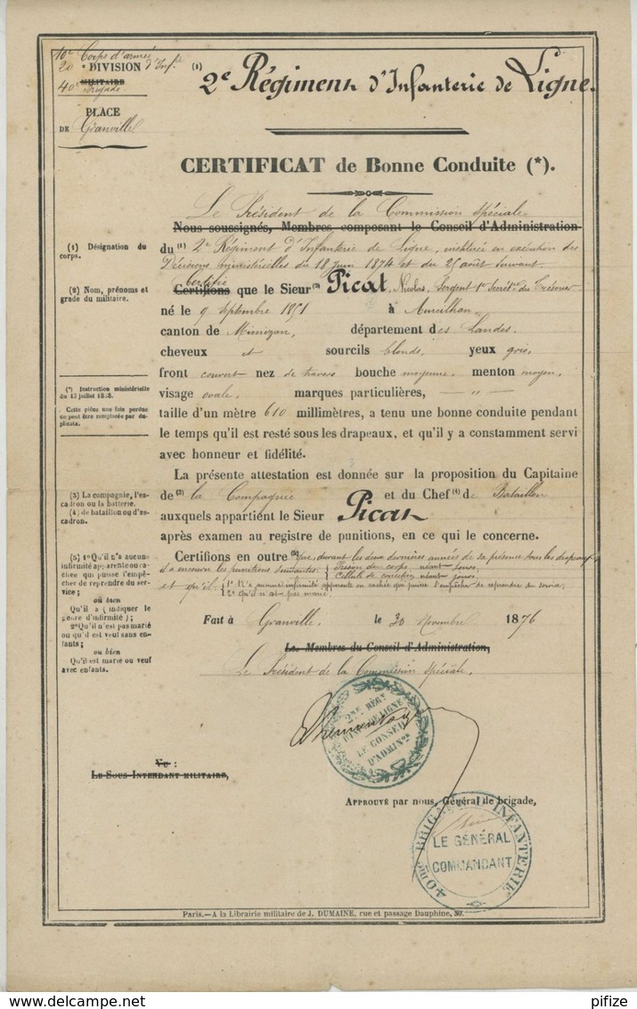 Petit Dossier De 5 Documents . Sergent Secrétaire Au 2e Régiment D'Infanterie De Ligne . 1876-78 . Granville . - Documenti