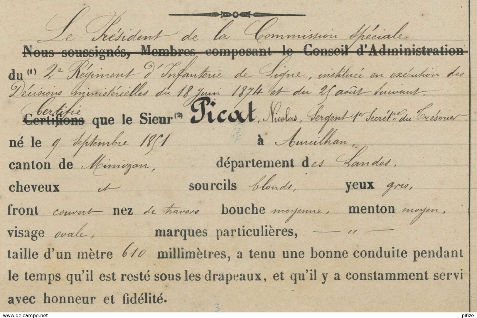 Petit dossier de 5 documents . Sergent secrétaire au 2e Régiment d'Infanterie de Ligne . 1876-78 . Granville .