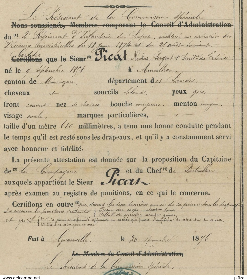 Petit dossier de 5 documents . Sergent secrétaire au 2e Régiment d'Infanterie de Ligne . 1876-78 . Granville .