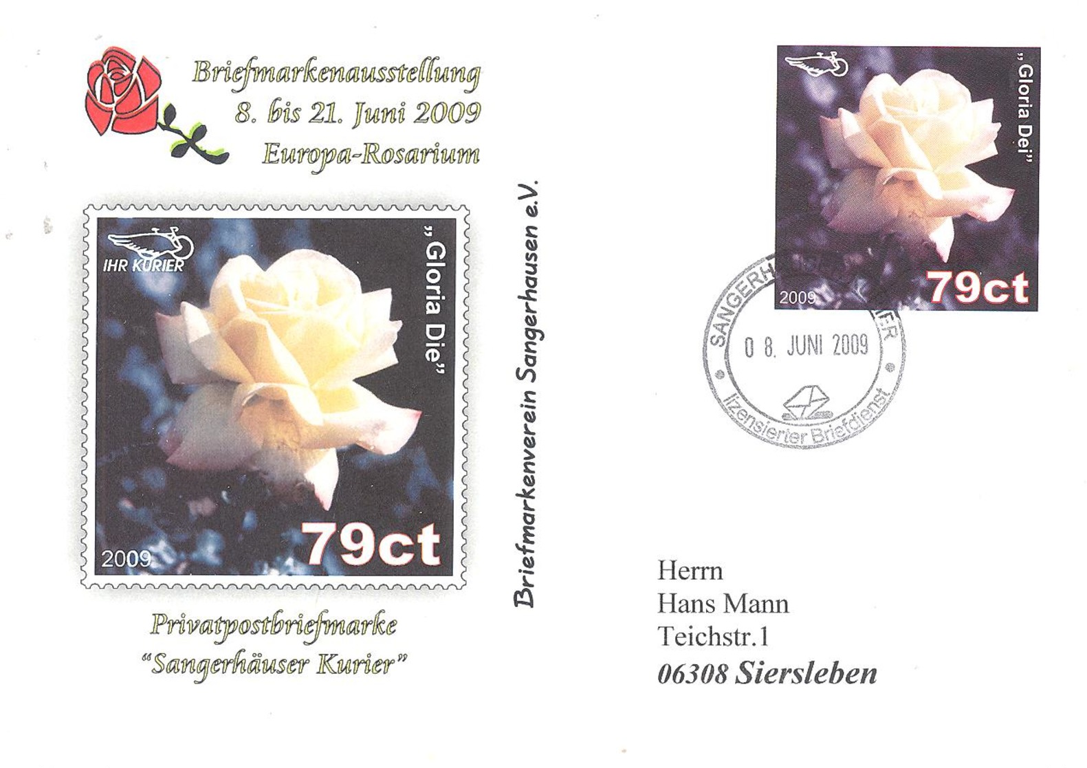 Sangerhauser Kurier  79 Ct  Briefmarkenausstellung 2009 Europa-Rosarium  Sonderumschlag - Privées & Locales