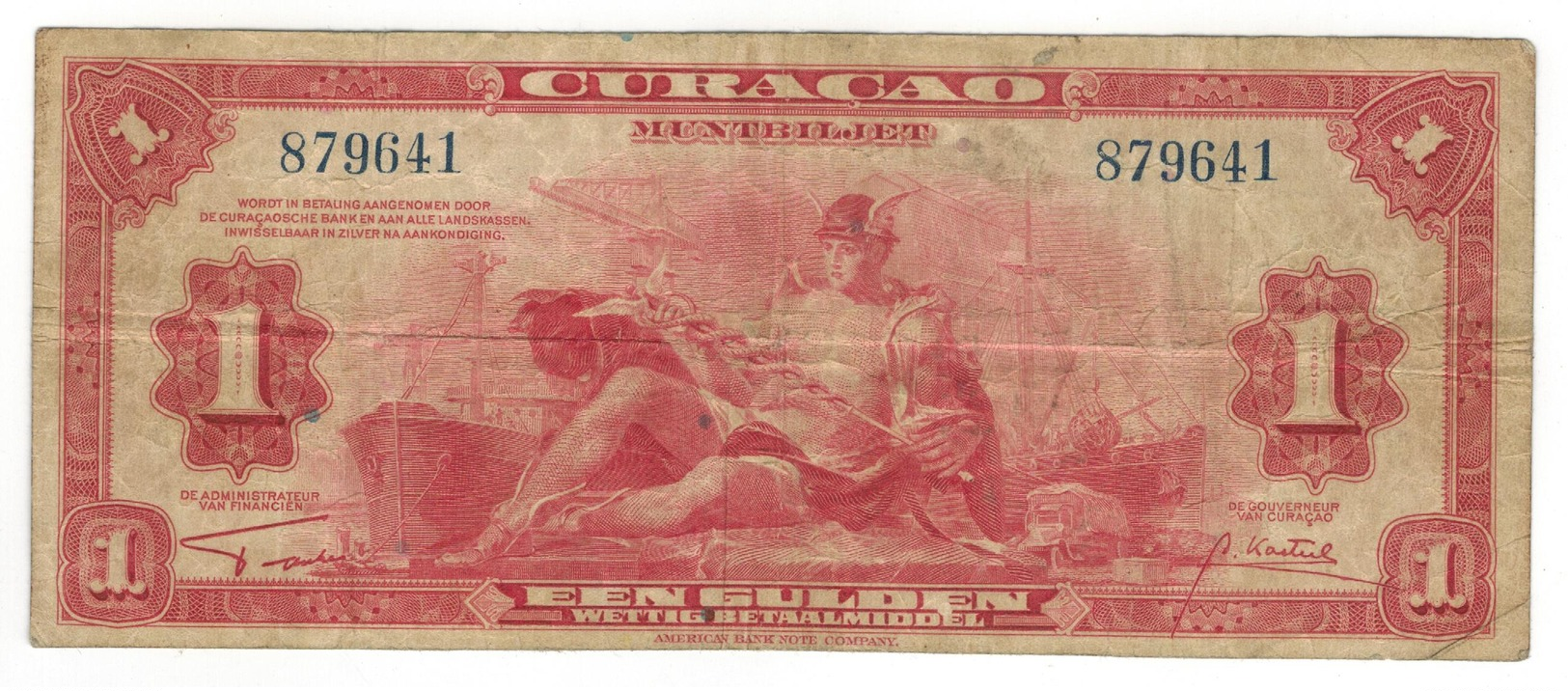 Curacao, 1 Gulden 1942, F+. - Netherlands Antilles (...-1986)