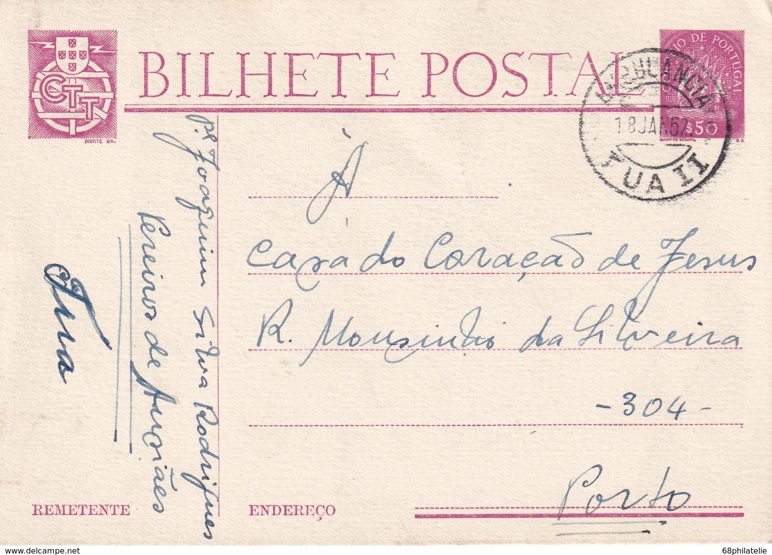 PORTUGAL 1952   ENTIER POSTAL/GANZSACHE/POSTAL STATIONERY CARTE AVEC CACHET FERROVIAIRE - Postwaardestukken