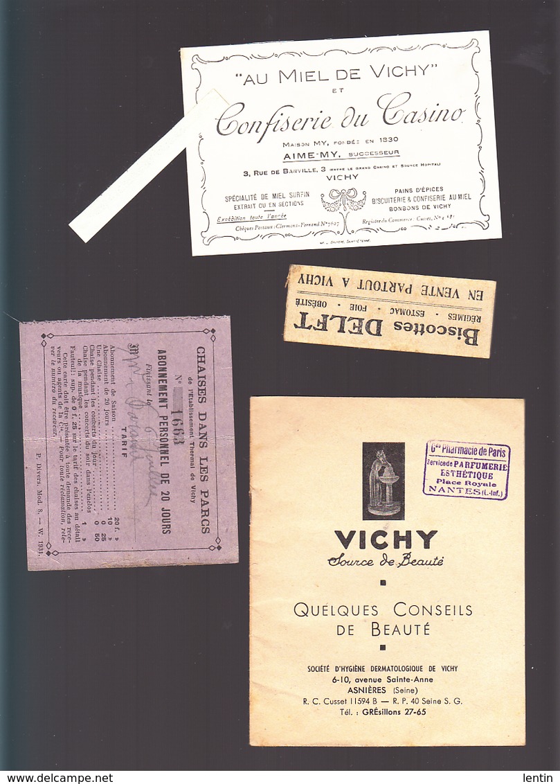 Allier / Vichy / 4 Souvenirs De Cure 1931 / Ticket Chaises, Bascule, Pub Confiserie, Conseils De Beauté - Publicités