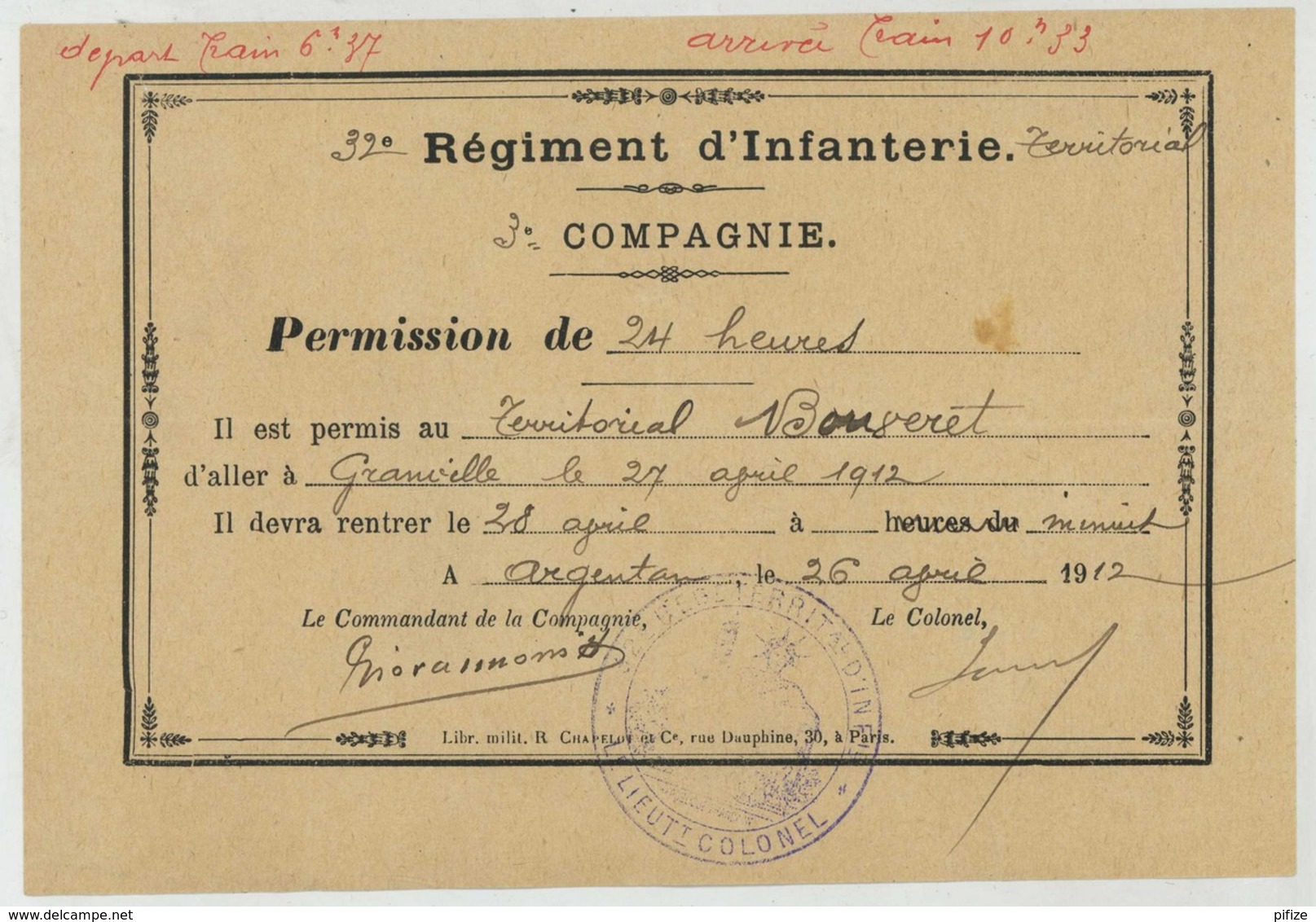 Argentan . 32e Régiment D'Infanterie Territoriale . Permission De 24h Pour Granville . 1912. - Dokumente