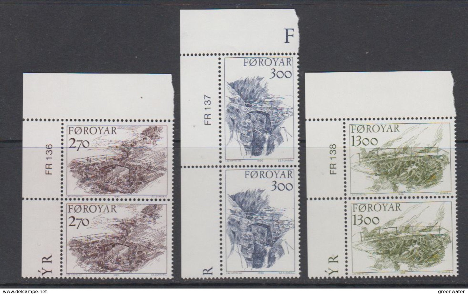 Faroe Islands 1986 Old Bridges 3v (pair, Corner) ** Mnh (39273G) - Faeroër