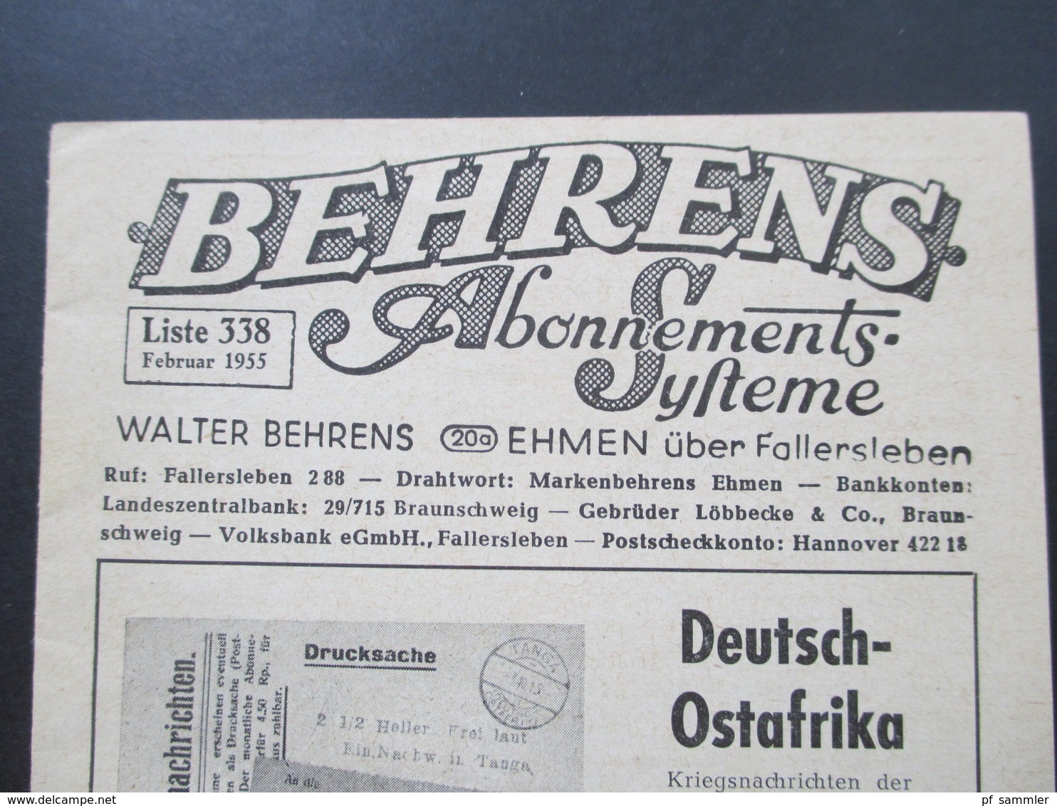 Behrens Abonnements Systeme Liste 338 Februar 1955 Briefmarken Preisliste Walter Behrens Ehmen über Fallersleben - Historische Dokumente