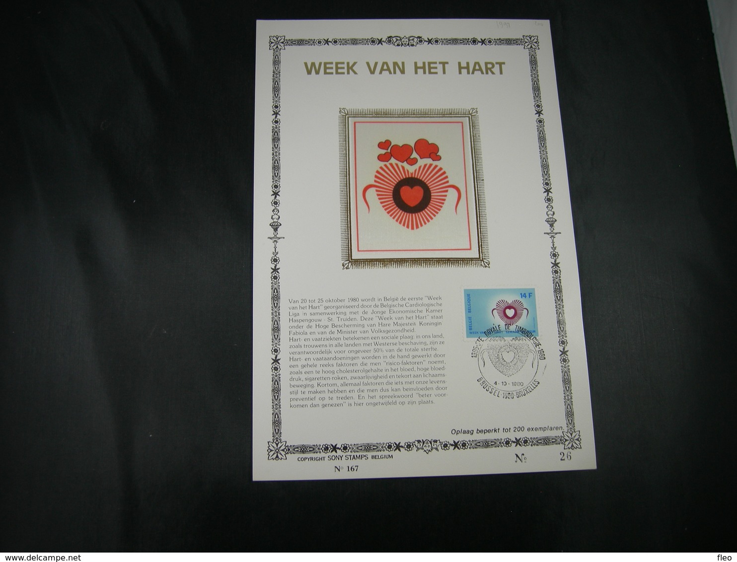 BELG.1980 1992 FDC Gold/zijde Kaart N°167/200ex NL : " Week Van Het Hart / Semaine Du Coeur " - 1971-1980