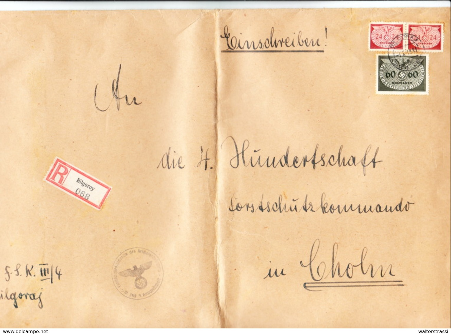 III. Reich, Brief GENERALGOUVERNEMENT  REKO Bilgoroy Nach Cholm , Forstschutzkommando III. Zug 4. Hundertschaft - Briefe U. Dokumente