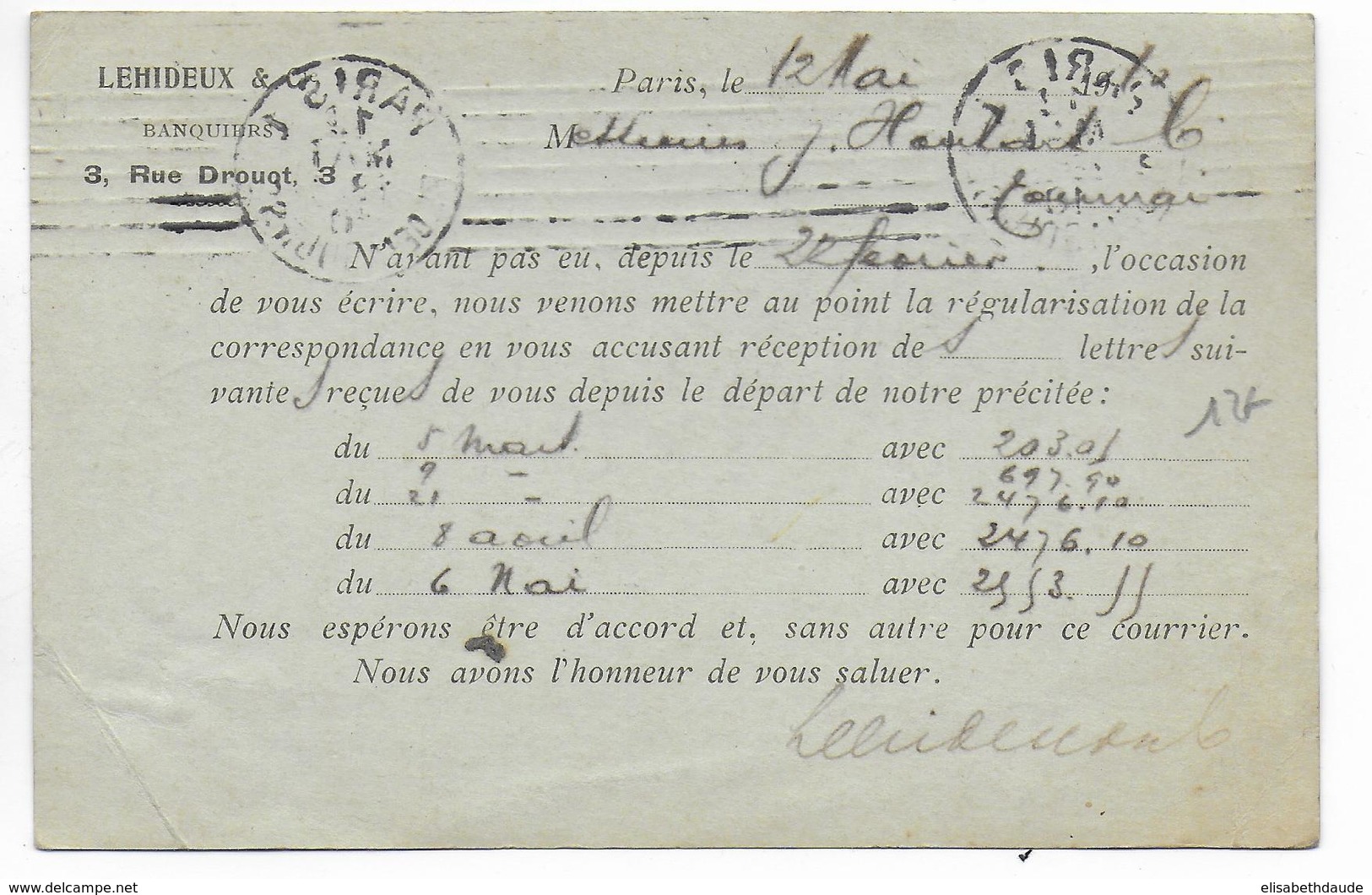 1910 - SEMEUSE - CARTE ENTIERavec REPIQUAGE "BANQUE LEHIDEUX" De PARIS => TOURNAI (BELGIQUE) - Postales  Transplantadas (antes 1995)