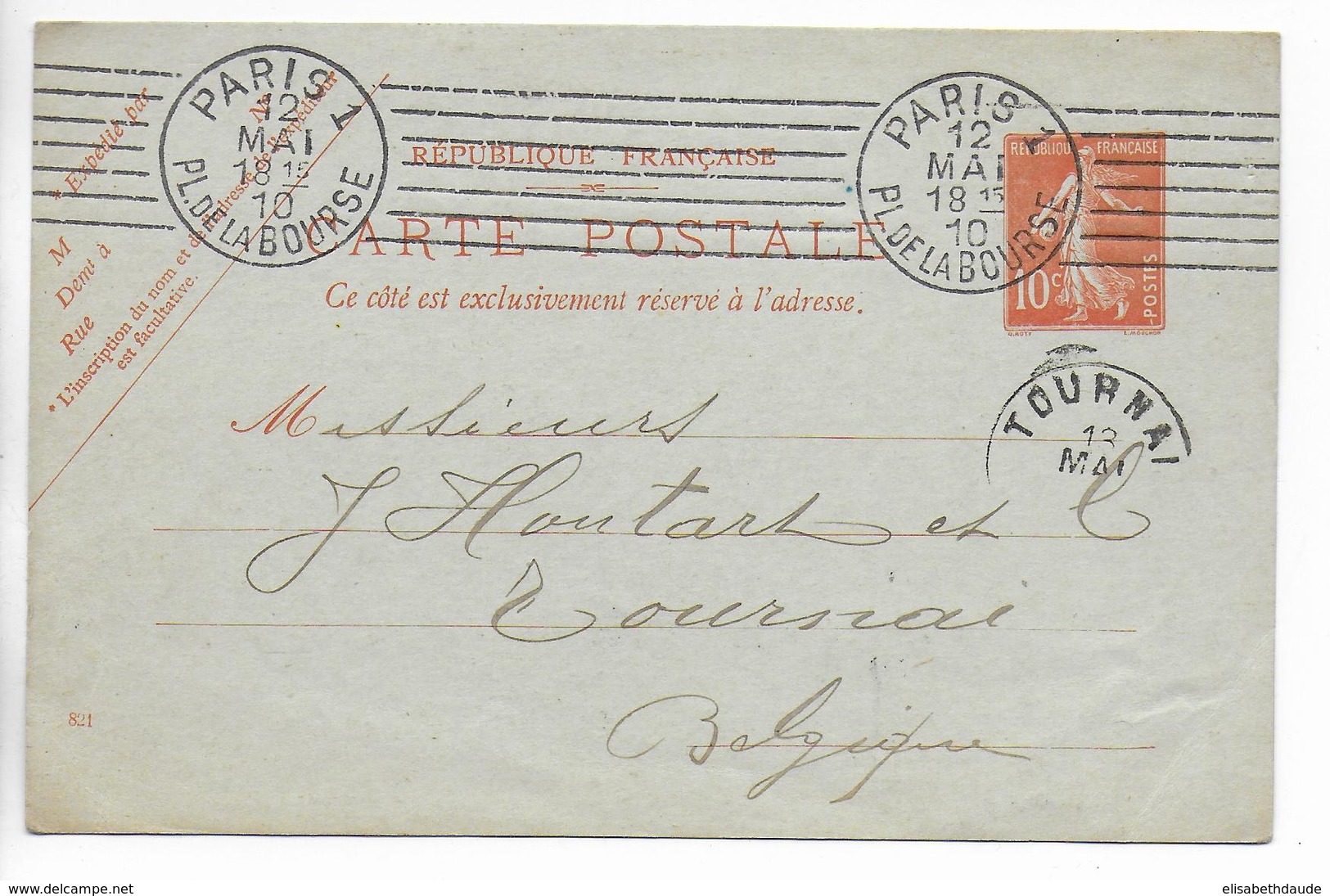 1910 - SEMEUSE - CARTE ENTIERavec REPIQUAGE "BANQUE LEHIDEUX" De PARIS => TOURNAI (BELGIQUE) - Cartes Postales Repiquages (avant 1995)