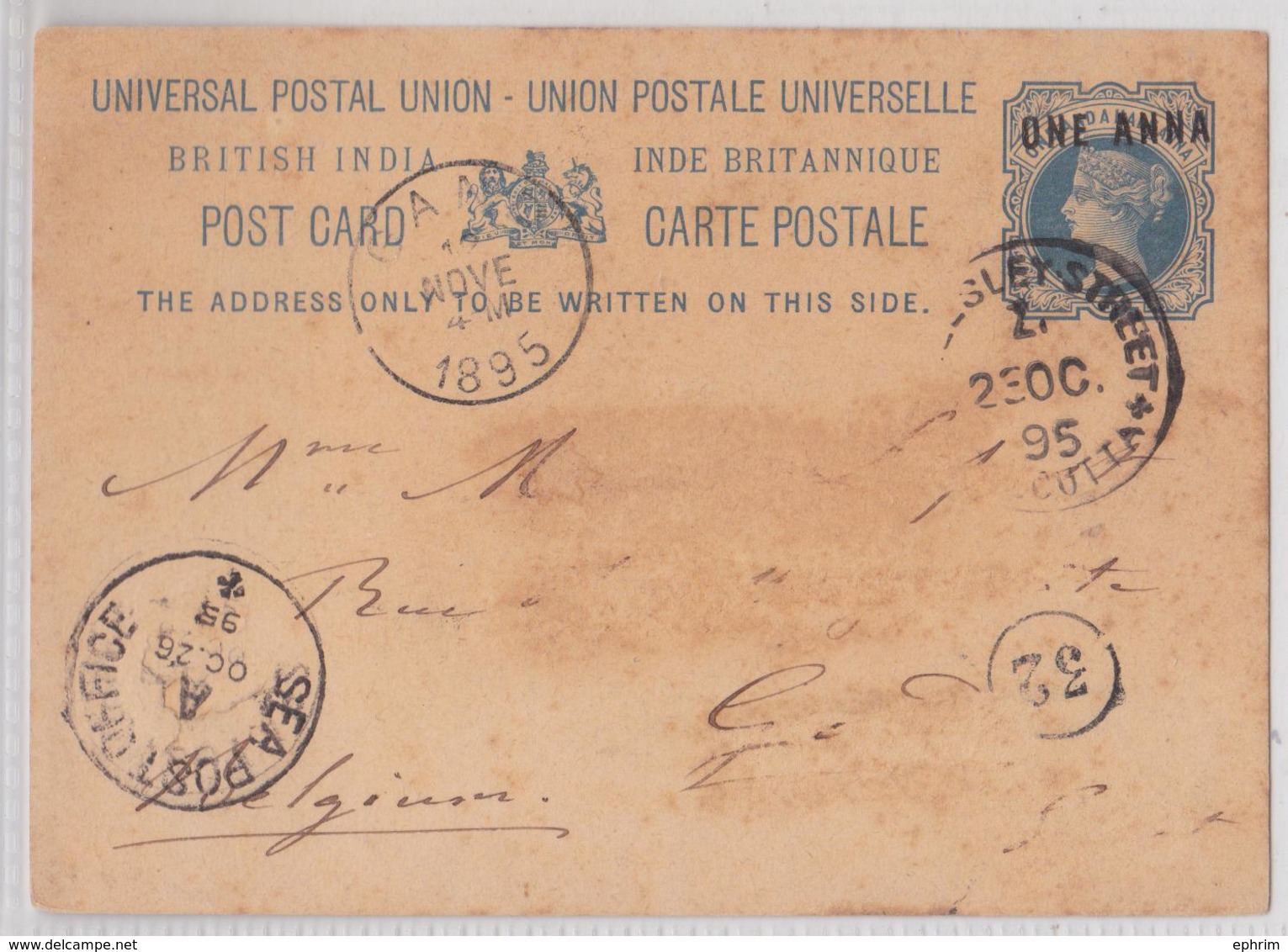 CALCUTTA ENTIER POSTAL INDE POUR GAND GENT BRITISH INDIA USED ONE ANNA POSTAL STATIONERY RAJ SEA POST OFFICE MARK 1895 - 1882-1901 Empire