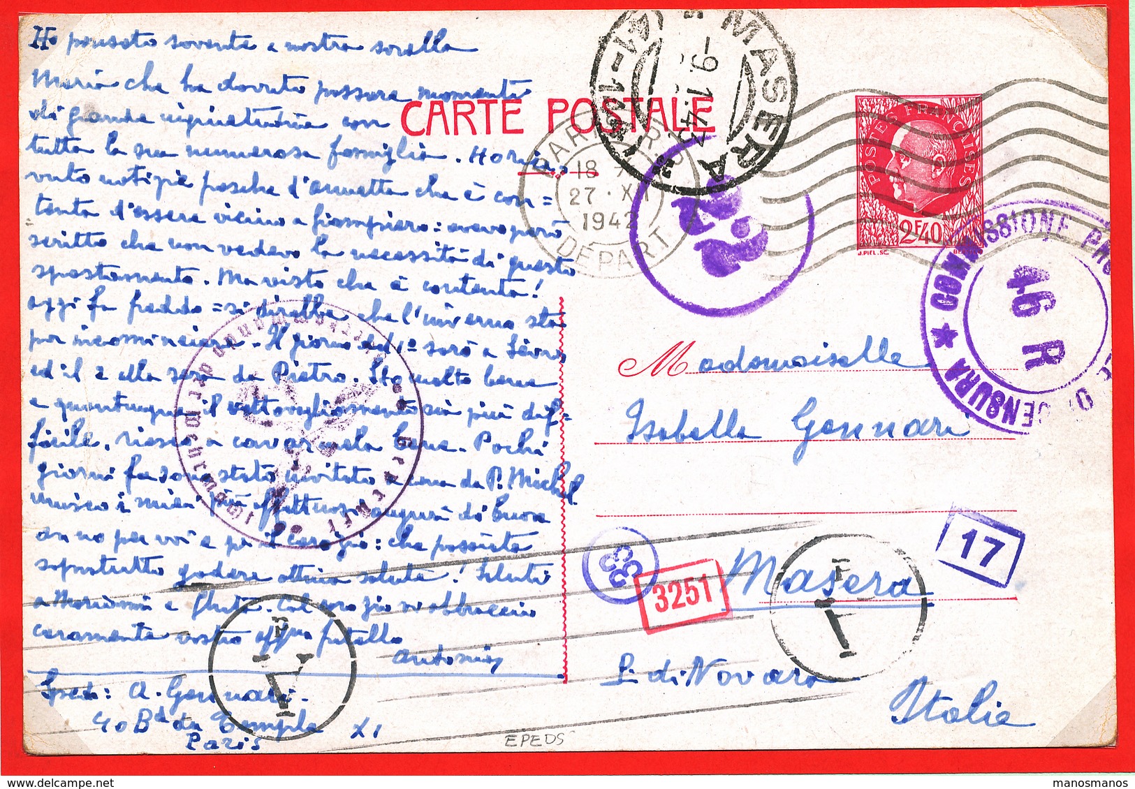 993/28 - Entier Postal Pétain 2 F 40 PARIS 1943 Vers MASERA Italie - Censures Allemandes Et Italiennes - Guerre De 1939-45