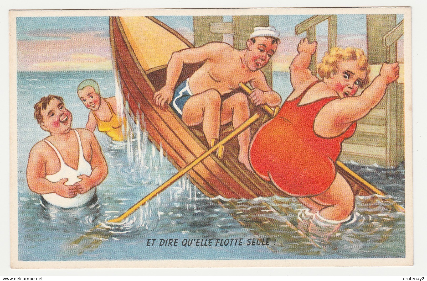 Illustrateur ? Humour Plage Femme Dans Bateau Moquerie Des Autres Baigneurs Et Dire Qu'elle Flotte Seule ! - Humour