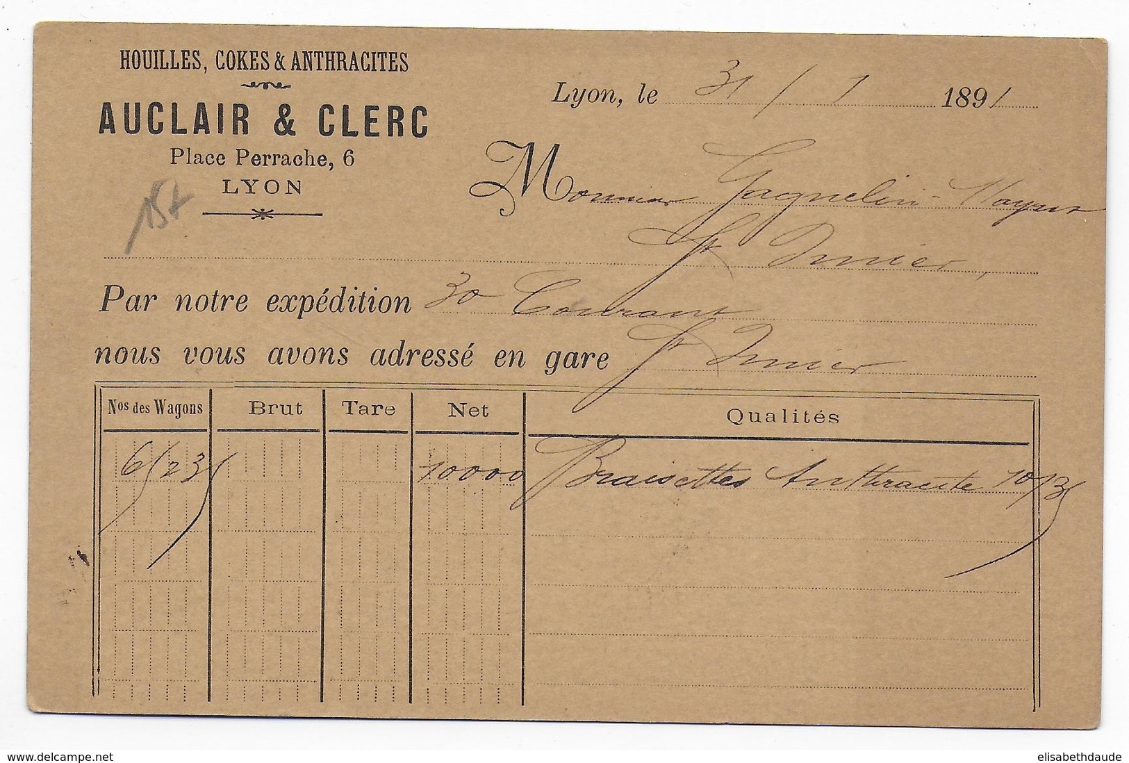 1891 - SAGE - CARTE ENTIER Avec REPIQUAGE "HOUILLES AUCLAIR" De LYON => ST IMIER (SUISSE) - Bijgewerkte Postkaarten  (voor 1995)