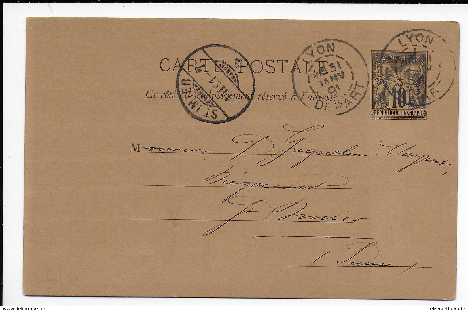 1891 - SAGE - CARTE ENTIER Avec REPIQUAGE "HOUILLES AUCLAIR" De LYON => ST IMIER (SUISSE) - Cartoline Postali Ristampe (ante 1955)