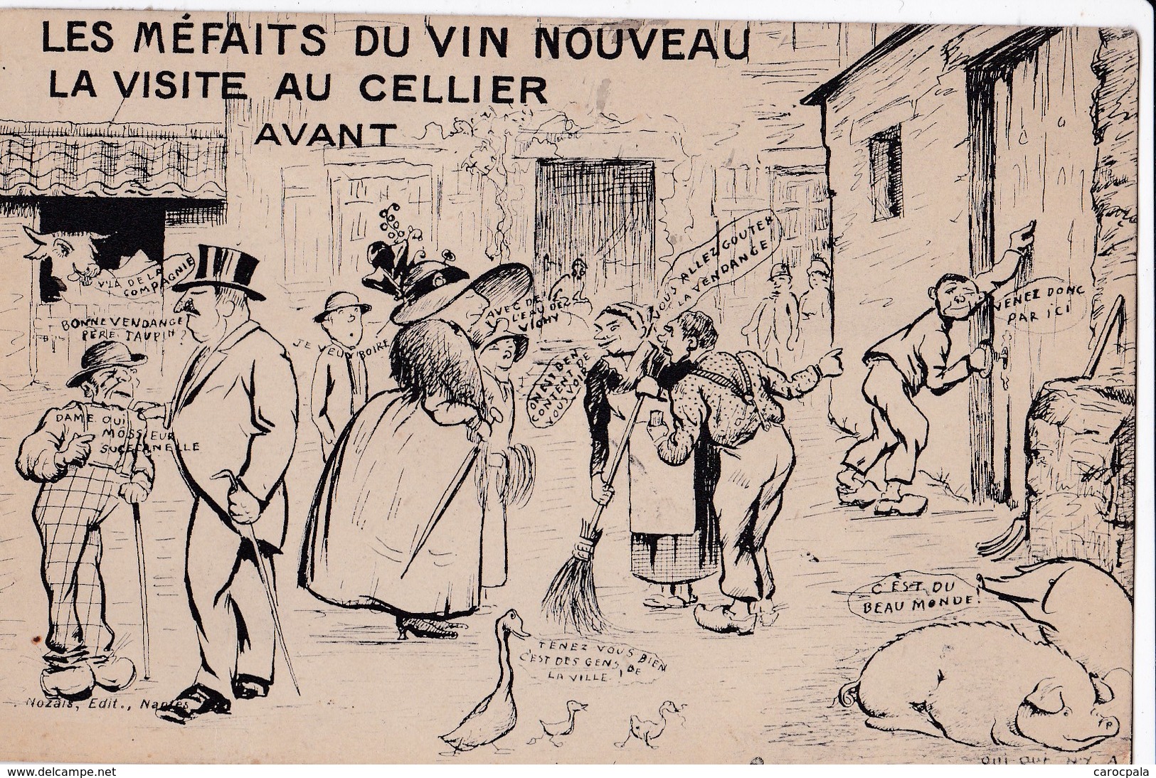 Carte 1920 LE CELLIER ? / LES MEFAITS DU VIN NOUVEAU / LA VISITE AU CELLIER AVANT (humour) - Le Cellier