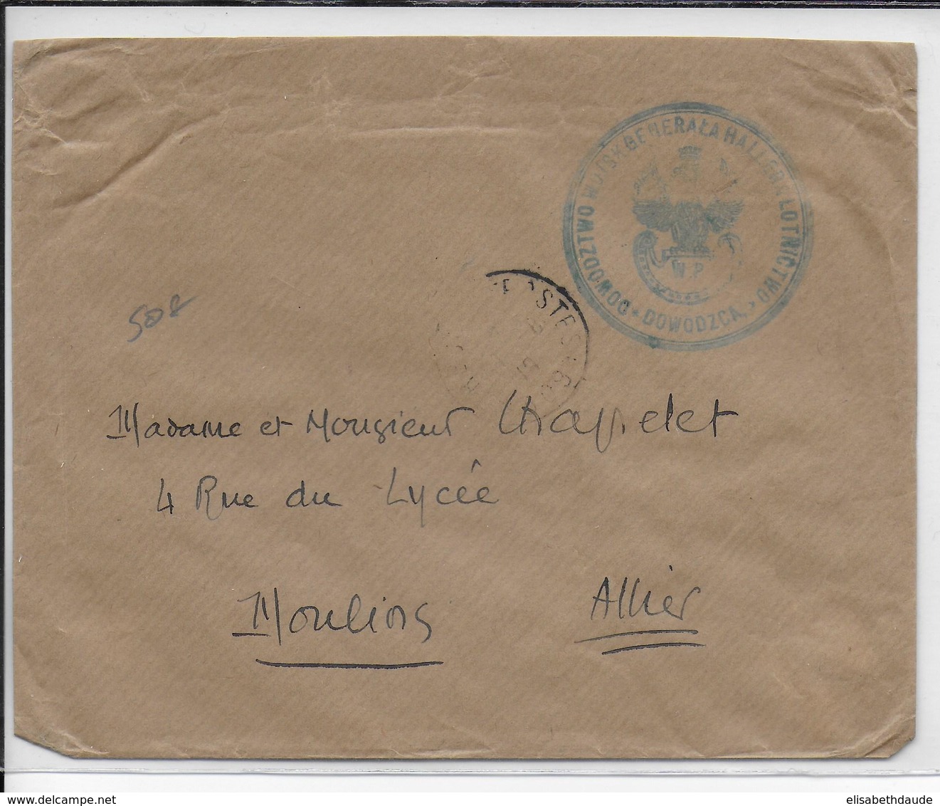 1919 - ARMEE HALLER - ENVELOPPE Du SP 309 "GQG De L'ARMEE POLONAISE ET ESCADRILLE 59" RARE => MOULINS - Guerre De 1914-18