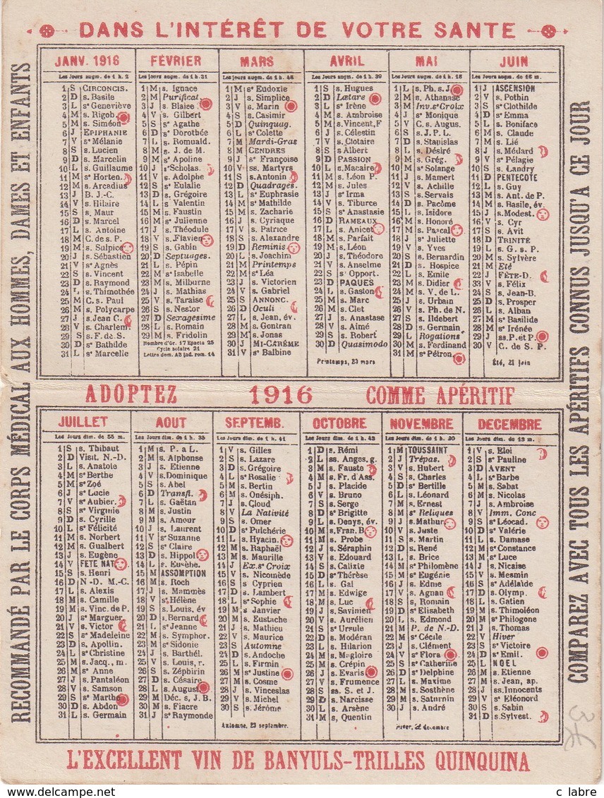 CALENDRIER 1916 : AVEC PUB APERITIF QUINQUINA . - Petit Format : 1901-20