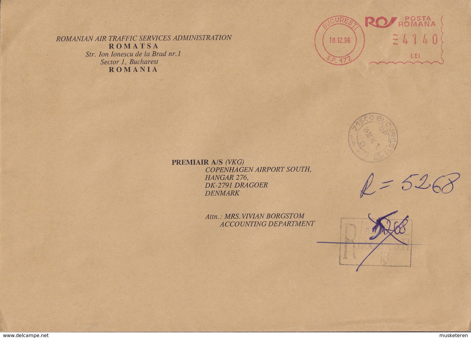 Romania ROMANIAN AIR TRAFFIC SERVICES Registered Einschreiben BUCURESTI 1996 Meter Cover Freistempel Brief Denmark - Máquinas Franqueo (EMA)