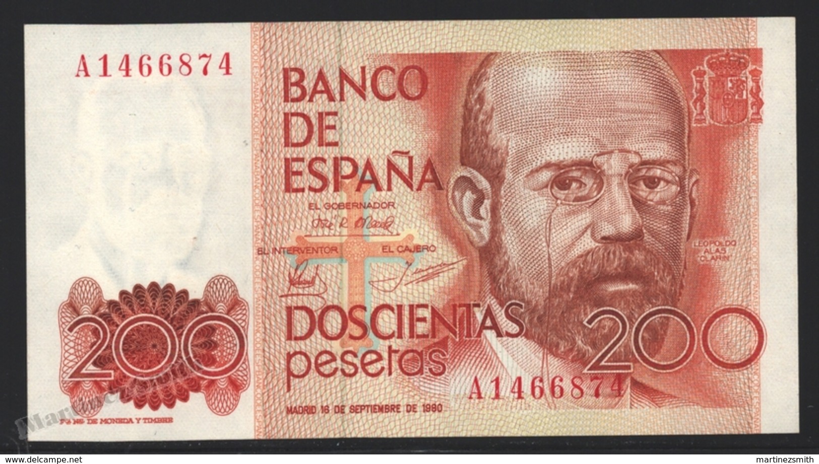 Banknote Spain -  200 Pesetas – September 1980 – Lopoldo Alas Clarin – Serie A – Condition UNC - Pick 156 - [ 4] 1975-… : Juan Carlos I